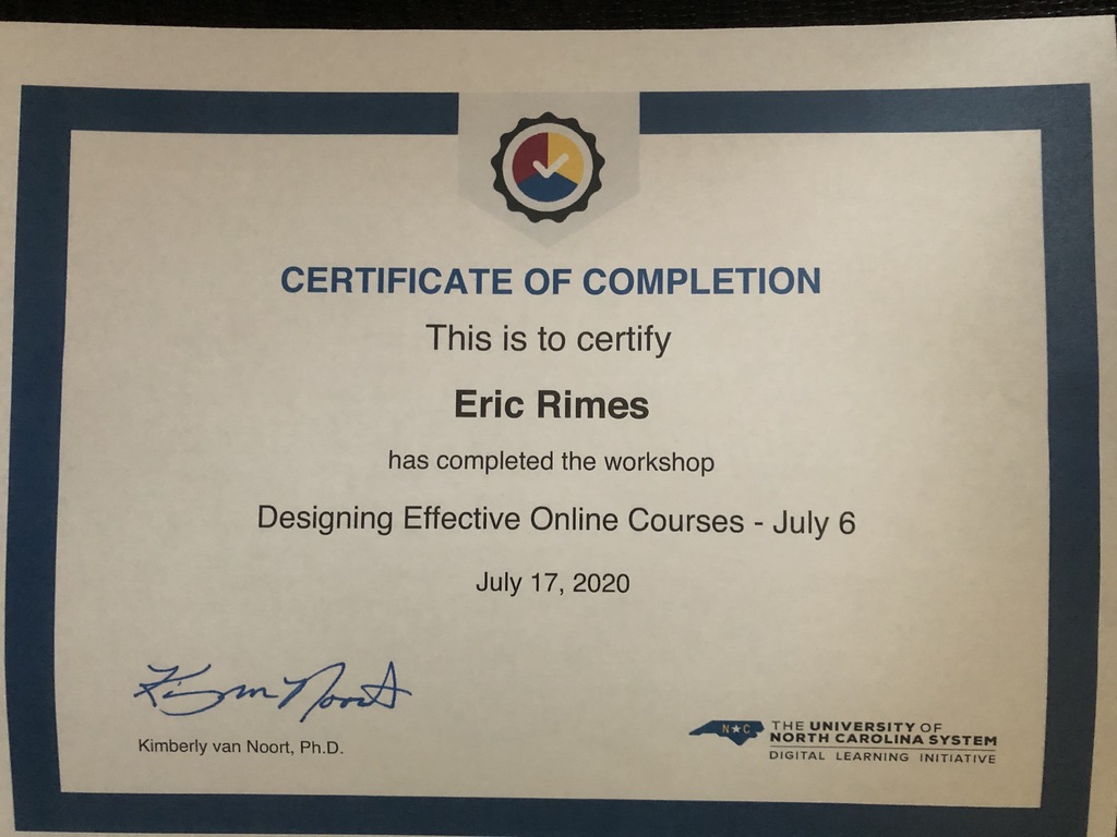 Certificate of Completion for "Designing Effective Online Courses"